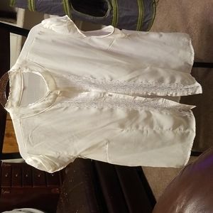 Sheer, ivory blouse. Lace & faux pearl accents. 22 in. x 24 in.